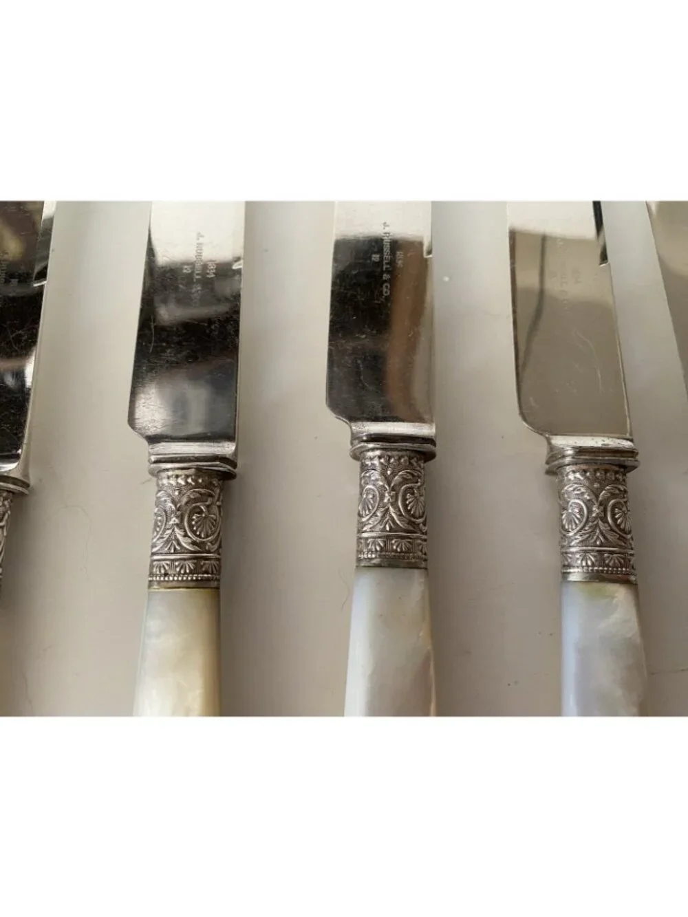 Set of 6 Antique J Russell & Co Mother of Pearl Handle Luncheon Knives 1834